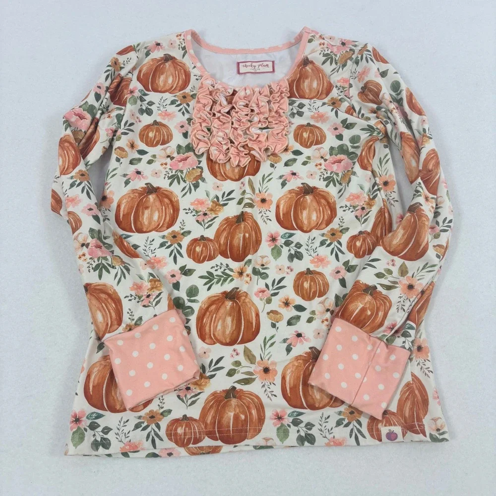 Cheeky Plum Girls Pumpkin Floral Ruffle‎ Pajama Set Pink Polka Dot 12Y Autumn